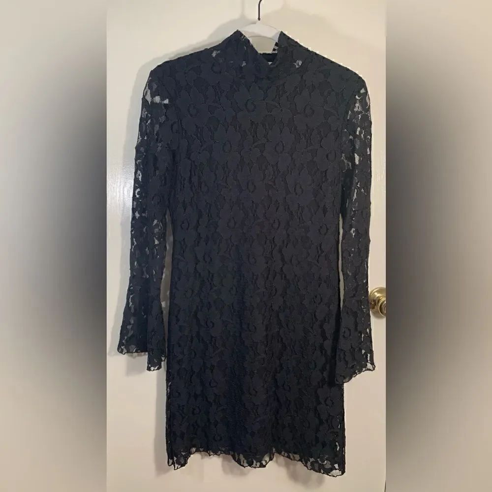 INC EUC black lace high neck bell sleeve long sleeve lined dress Size medium